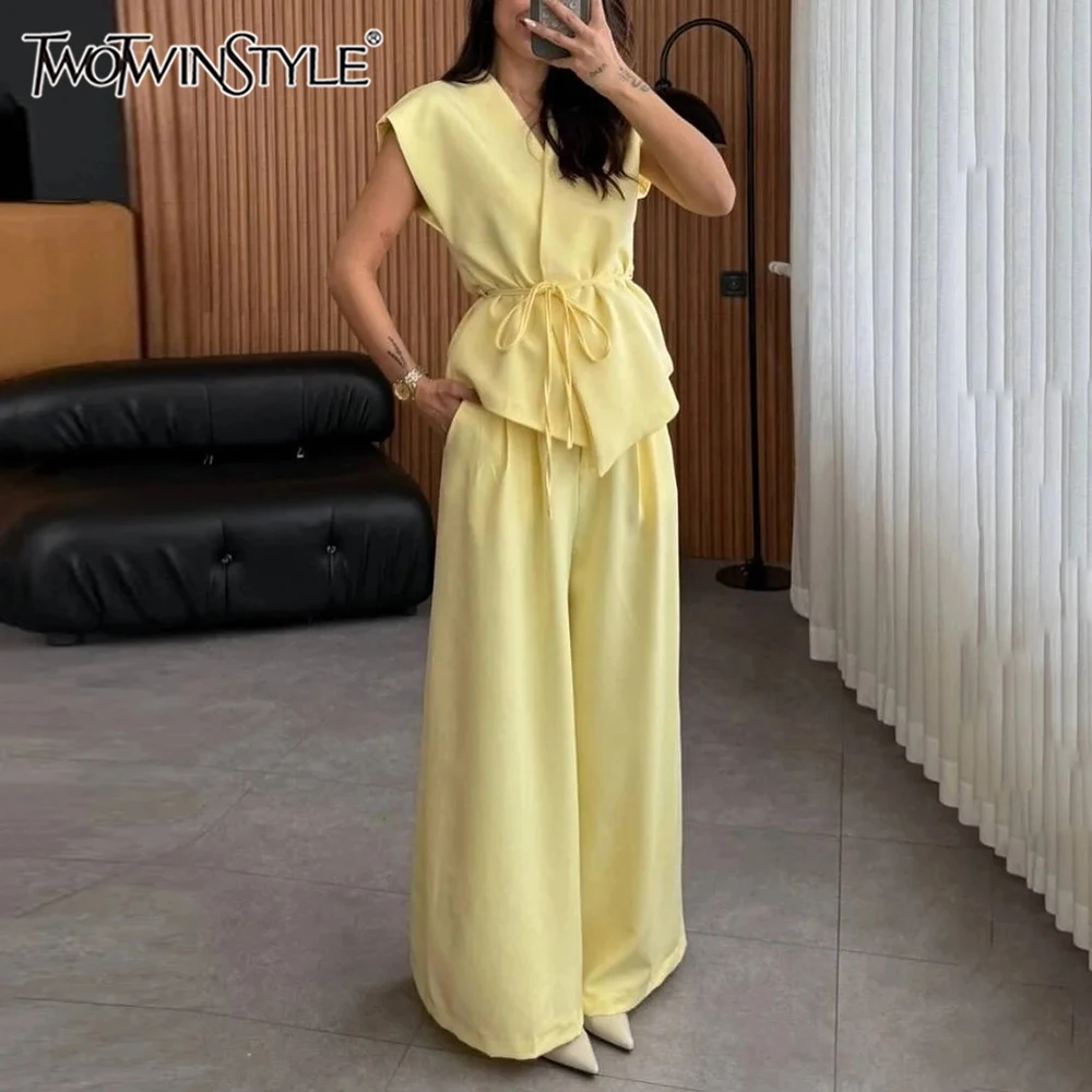 

TWOTWINSTYLE Office Spliced Lace Up Two Piece Set for Women V Neck Sleeveless Top High Waist Wide Leg Pant Solid Suit Female New