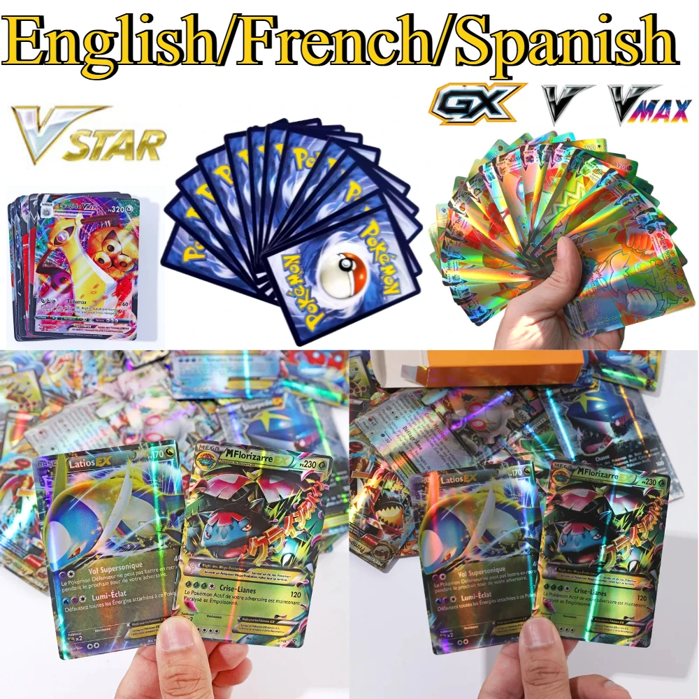 Cartões pokémon inglês/espanhol/francês, 50-100 peças, vstar v gx mega tag team ex, cartão de batalha, venda quente, cartão de jogo de mesa, presente
