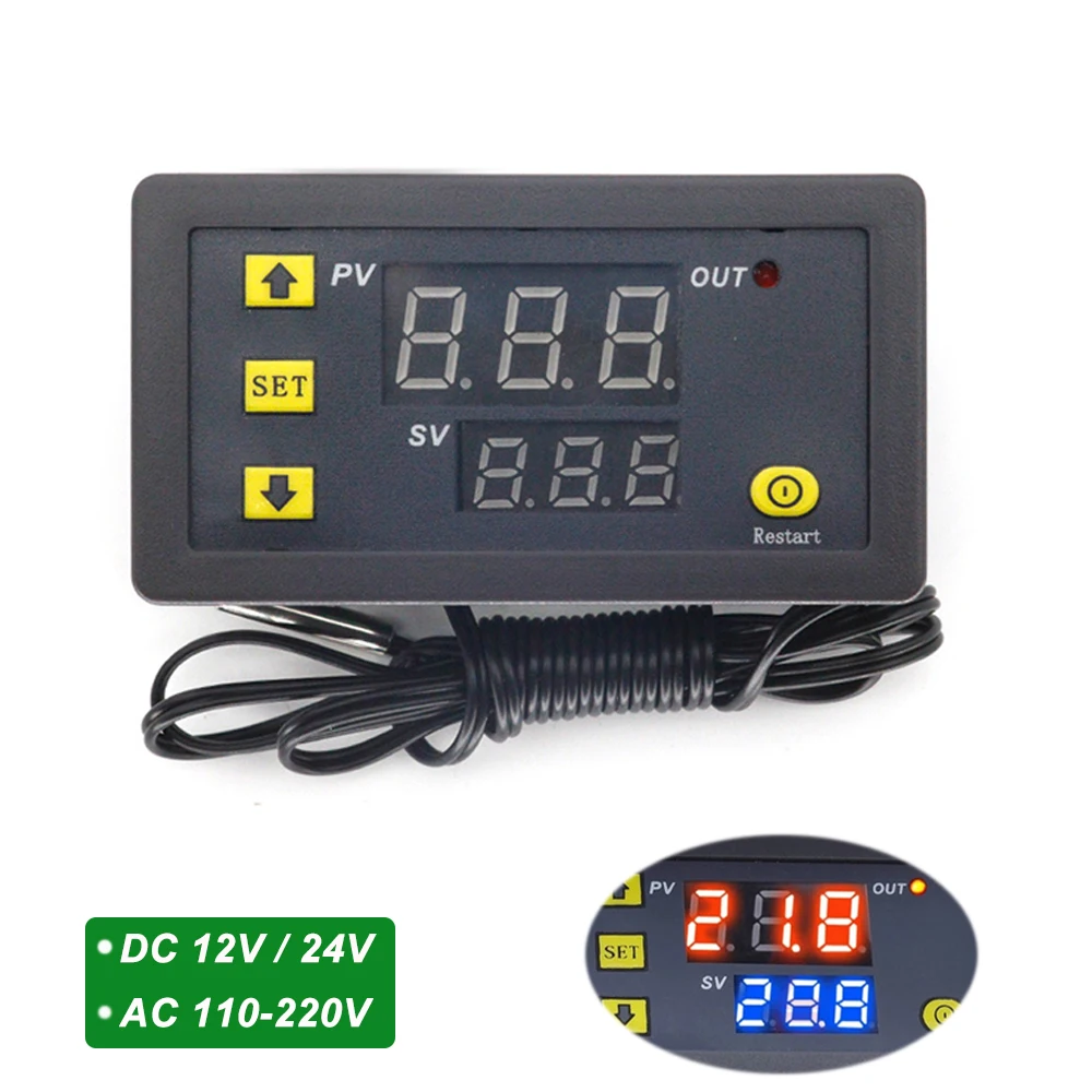 1pc DC 12V /24V/ AC110V-220V W3230 Digital Temperature Controller LED Display Thermostat With Heating Cooling Switch NTC Sensor