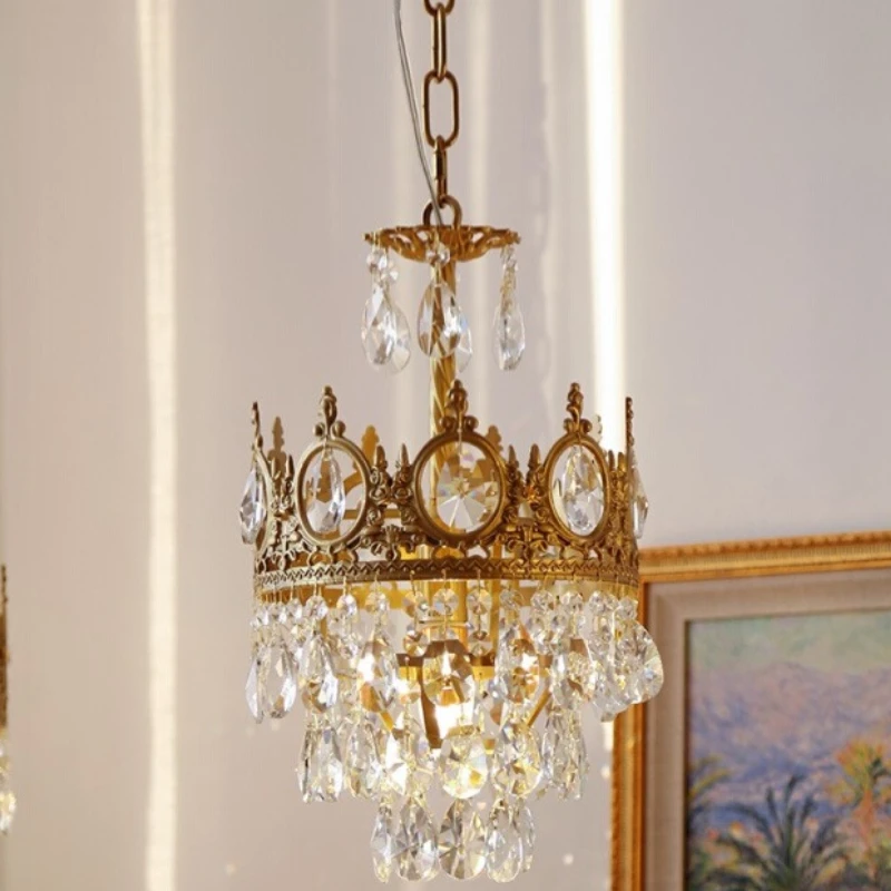 

French Crystal Brass Crown Pendant Light LED Palace Princess Room Bedside Living Room Restaurant Atmosphere Ceiling Hanging Lamp