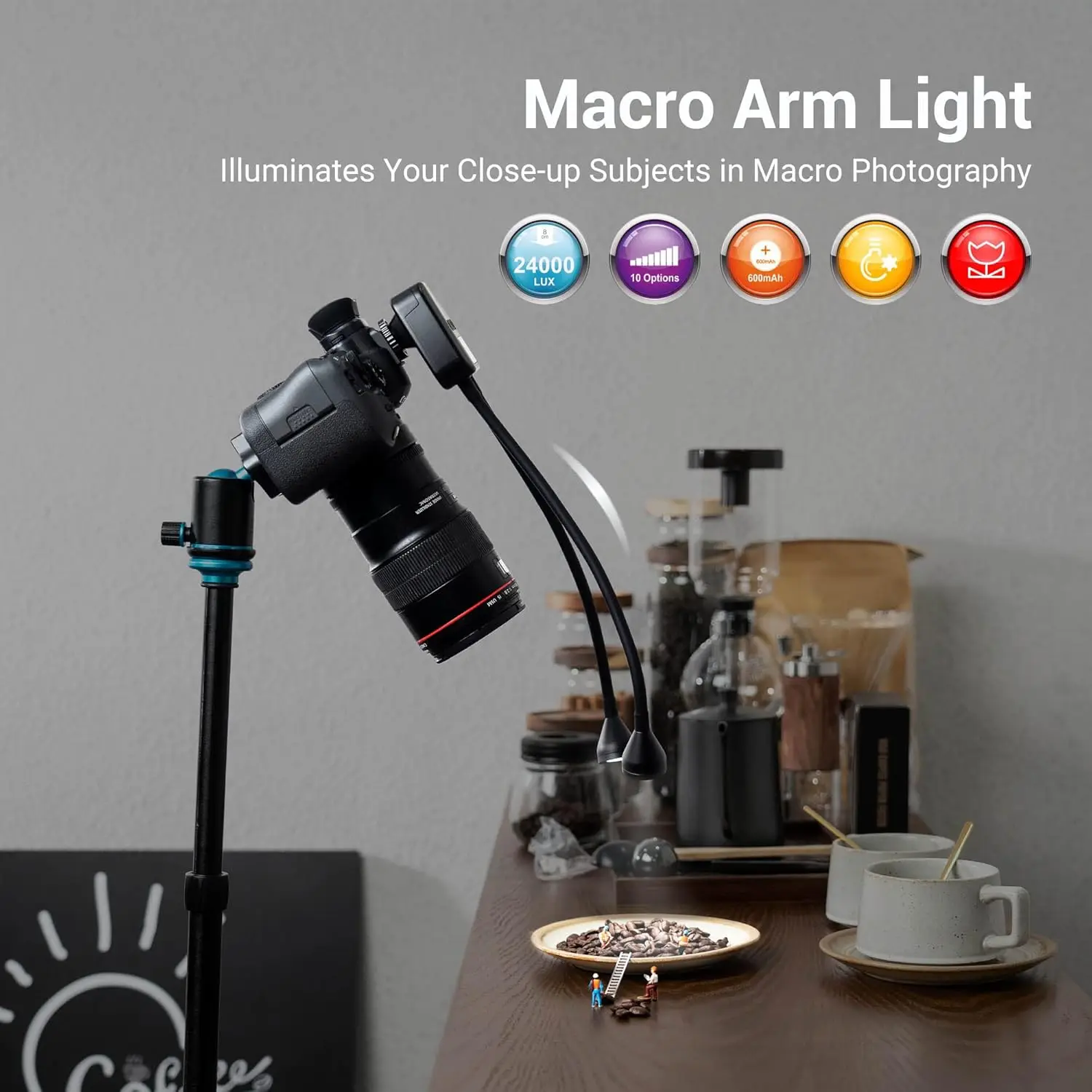 Luz de braço macro LED com brilho de 10 níveis, CRI 95+ 5600K para câmera DSLR close-up