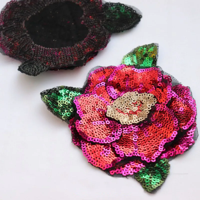 10 Pieces 3D Type Shining Sequins Red Rose Flower Patches Multi-layers DIY Clothes Applique