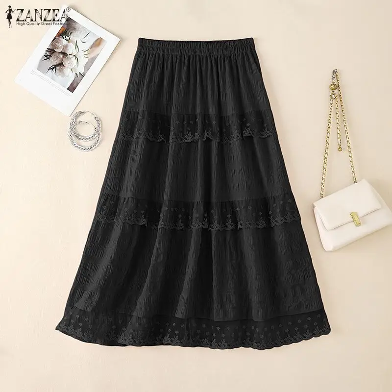 

Летняя повседневная юбка с эластичной талией 2026 ZANZEA, женская юбка-накидка с кружевными вставками, повседневная праздничная юбка, элегантная А-образная юбка для офиса и работы