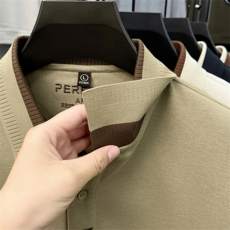 Herbstliches, bequemes Herren-Polohemd mit Print, Baumwollanteil, warm, einfarbig, langärmeliges T-Shirt, lässige Herrenbekleidung für den Alltag – Detail 11