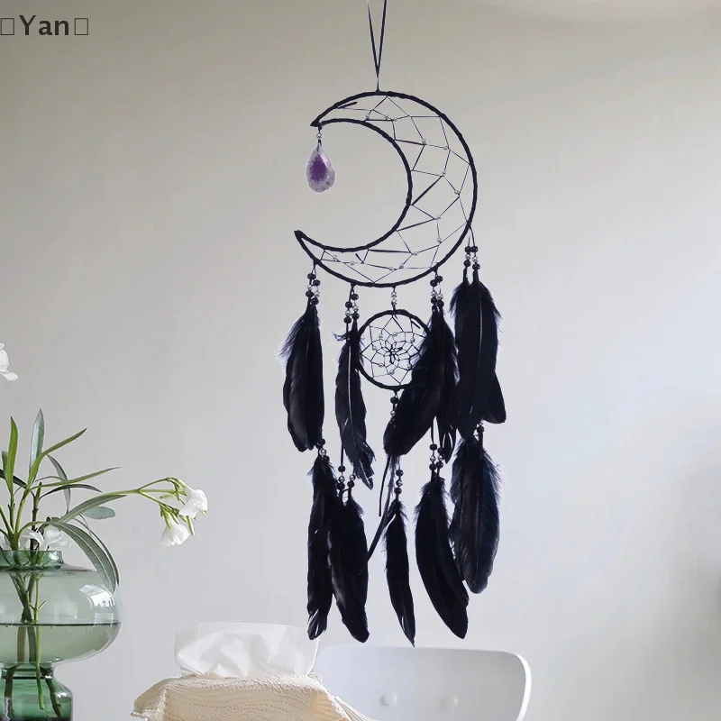 Atrapasueños de plumas con cuentas de ratán hecho a mano, colgante de pared para el hogar, decoración de pared del dormitorio, adorno de carillón de viento