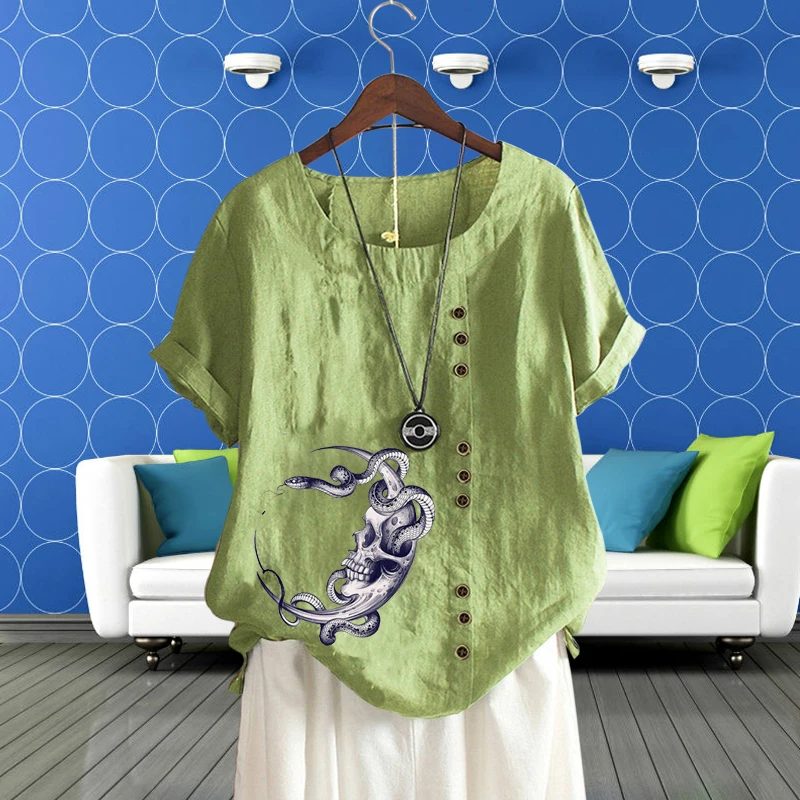 Camiseta con estampado de cuello redondo para mujer, ropa informal holgada de lino y algodón, jersey de manga corta con patrón de Calavera, Top para verano