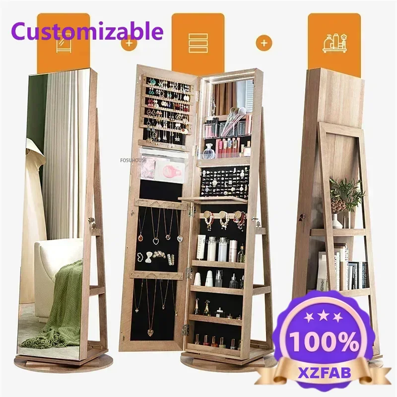 Factory Direct 2026 Top Bedroom Jewelry Cabinet With Mirror Fitting Room Dressing Mirrors 360° Rotating Floor Makeup Mirror Cabi