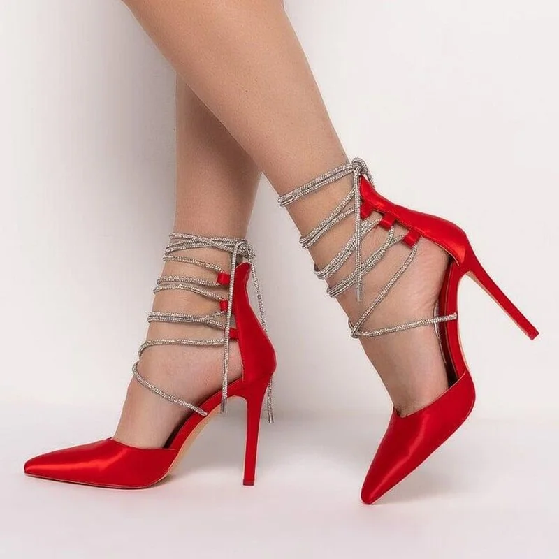 

Red Pointed Strappy Shoes Women's Stiletto Heels Satin Glittering Ankle Wrap Cover Heels wedding Party Evening Shoes