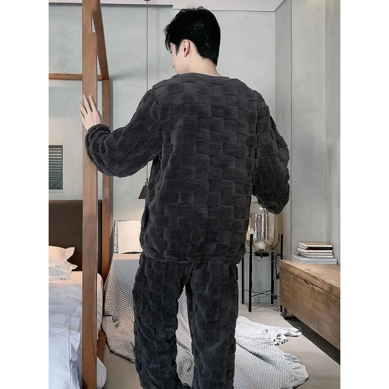 Male Sleepwear Coral Velvet Pajamas Men's New Autumn Winter Loungewear Thick Plush Outerwear Boys Flannel Warm Home Clothing Set