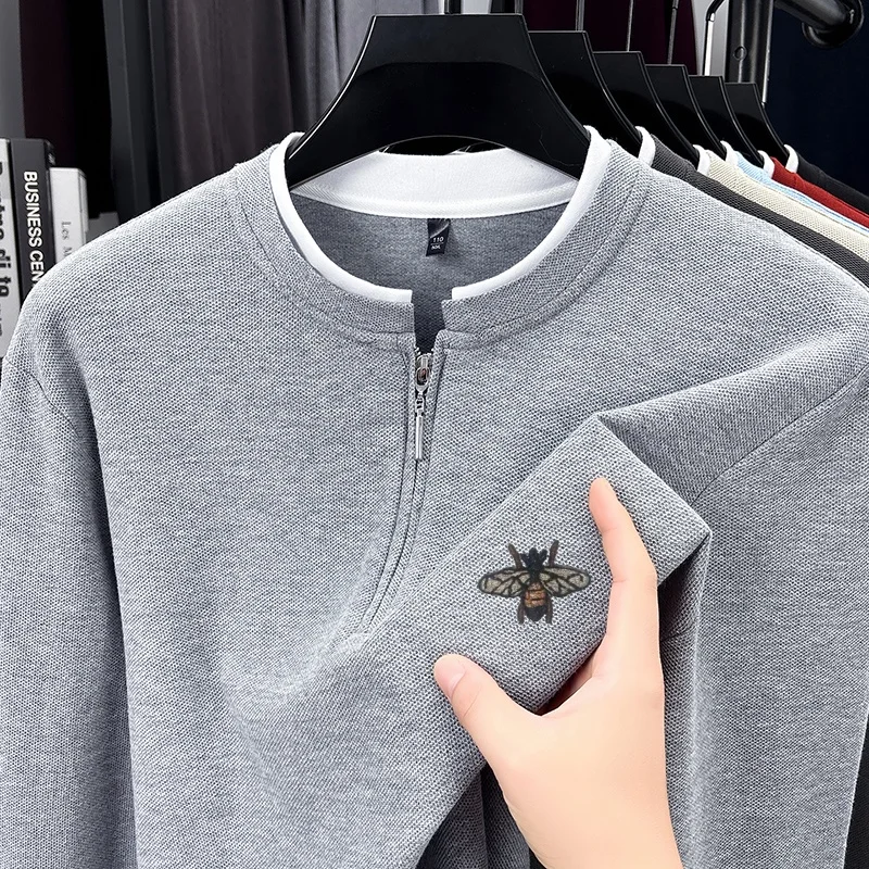 Classic Men New Spring Autumn T-Shirt Fake Two Piece Solid Color Long Sleeve Embroidery Tops Daily Comfort Casual Men's Clothing