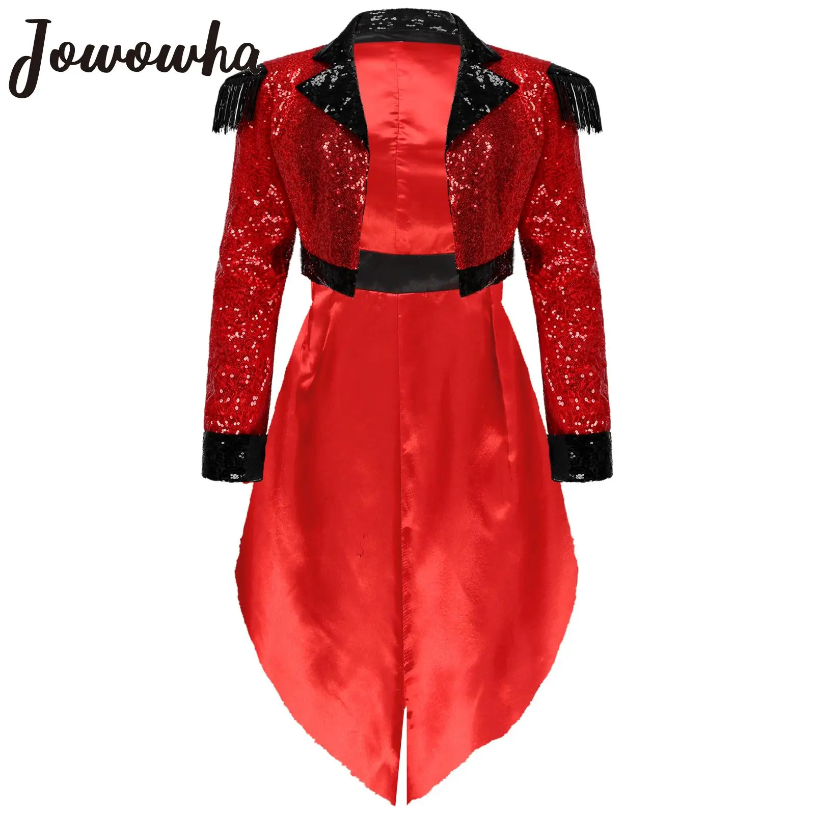 Women Circus Ringmaster Tuxedo Jacket Halloween Showman Cosplay Costume Sparkling Sequin Fringed Epaulette Swallow-Tailed Blazer