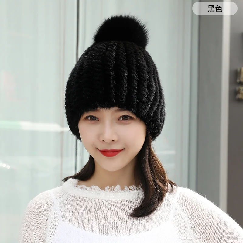 100% Natural Mink Fur Hat Women Winter Knitted Beanie Russian Girls Cap With Fox Fur Pom Poms Thick Female Cap Elastic Hats