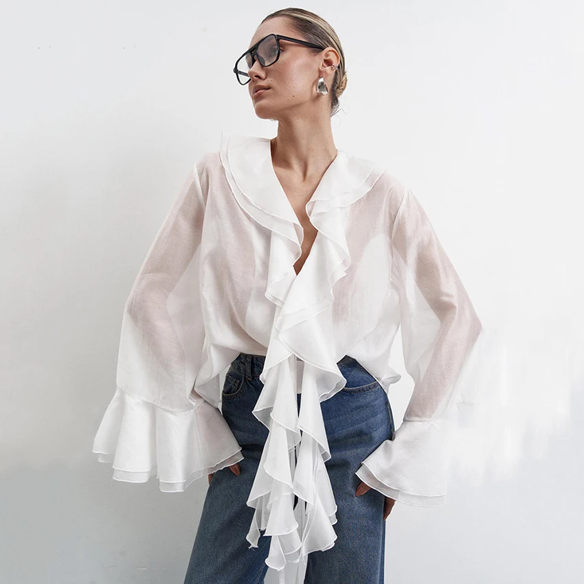 

Linad Casual White Ruffles Flare Sleeve Woman Blouse 2026 Sexy Sheer Lace Up Shirt Female Summer Fashionable Loose Tops Women