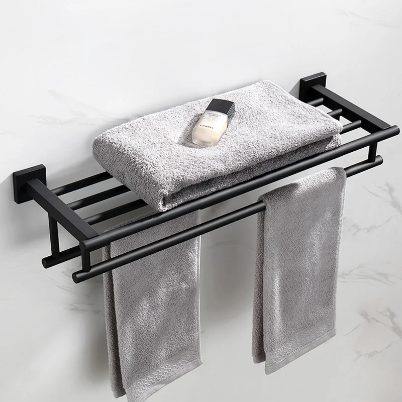 Shiny Rose Gold Towel Rack Rail Black Towel Storage Shelf Towel Holder Chrome Polished Bathroom Accessories Brushed Gold Grey