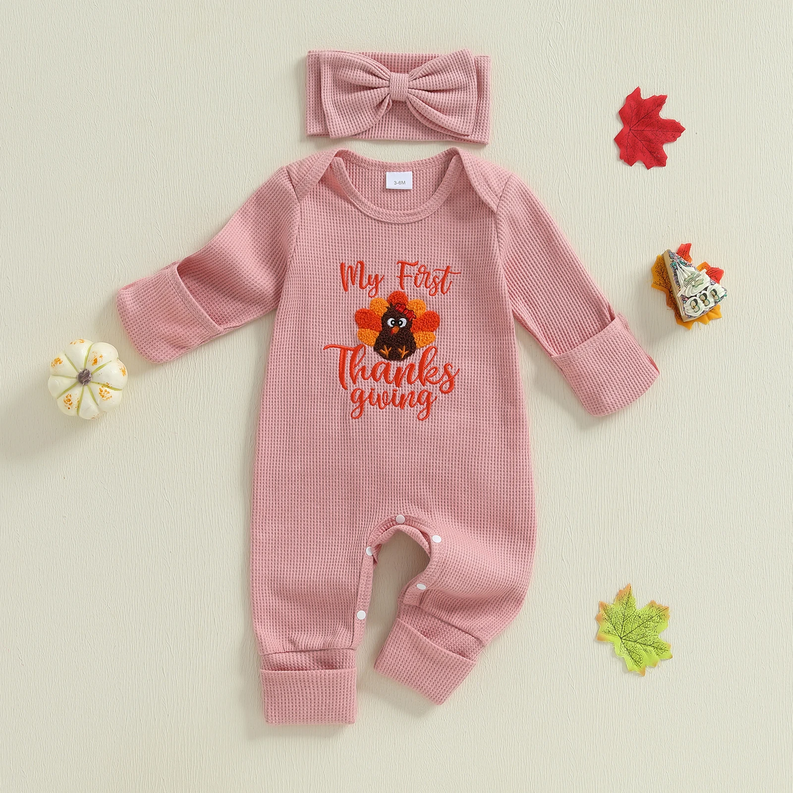 

Newborn Girl Boy Romper Thanksgiving Long Sleeve Letters Turkey Embroidery Jumpsuit with Headband Set Fall Outfit for 0-6 Months