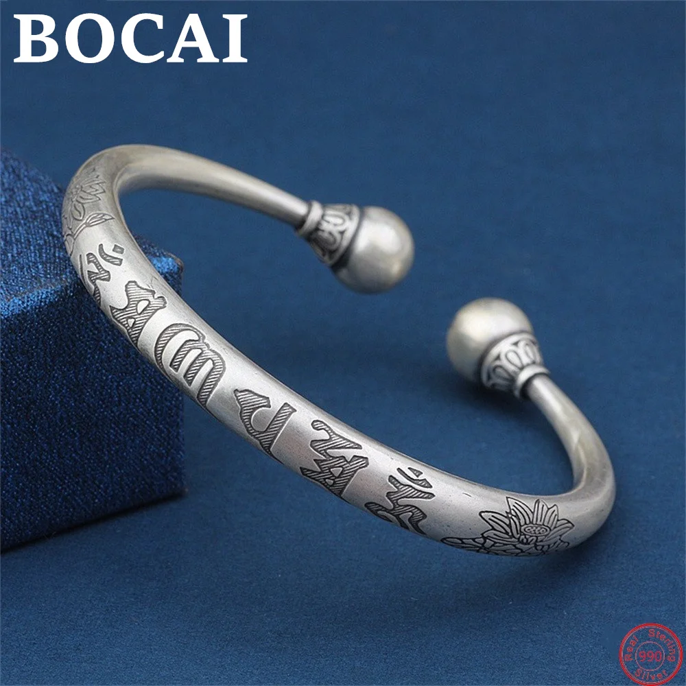 

BOCAI S990 Sterling Silver Charm Bracelet for Mother Six Syllable Mantra Lotus Bangle Pure Argentum Amulet Jewelry Lover's Gift