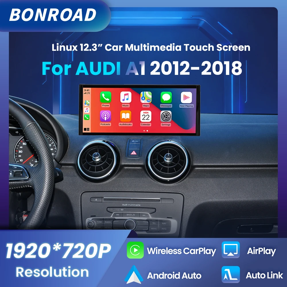 BONROAD – autoradio 12.3 pouces, 1920x720P, sans fil, CarPlay, Android, écran tactile multimédia, pour Audi A1 Navi, Bluetooth 5.0