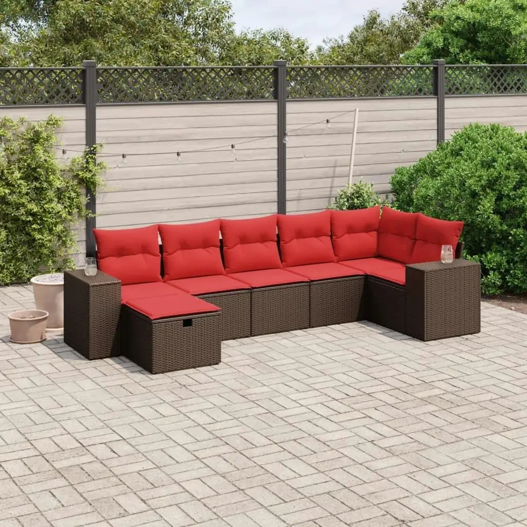 

Удобный 7-компонентный диван для патио на открытом воздухе с подушками из коричневого поли ротанга, стильная садовая мебель