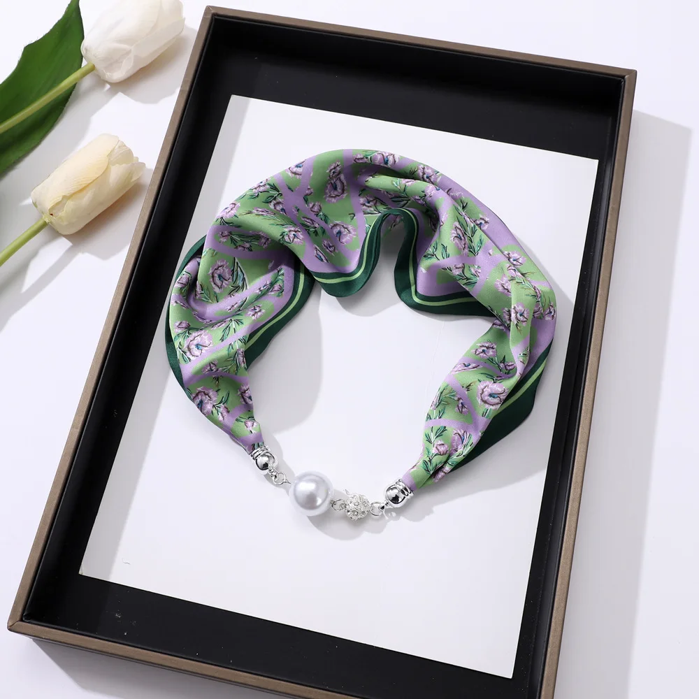 New magnetic buckle Pearl silk scarf  Fashion Floral Design Female Hair Hand Fall Wrist Bandana Winter Neck Headkerchief