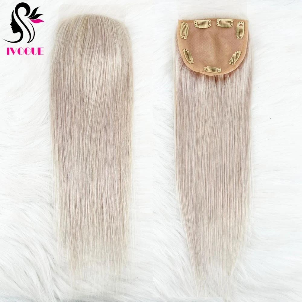 #60 Platinum Blonde Human Hair Silk Top Closure 5x5inch Silicone Skin Base Topper with Transparent Lace Baby Hair Piece Clips in