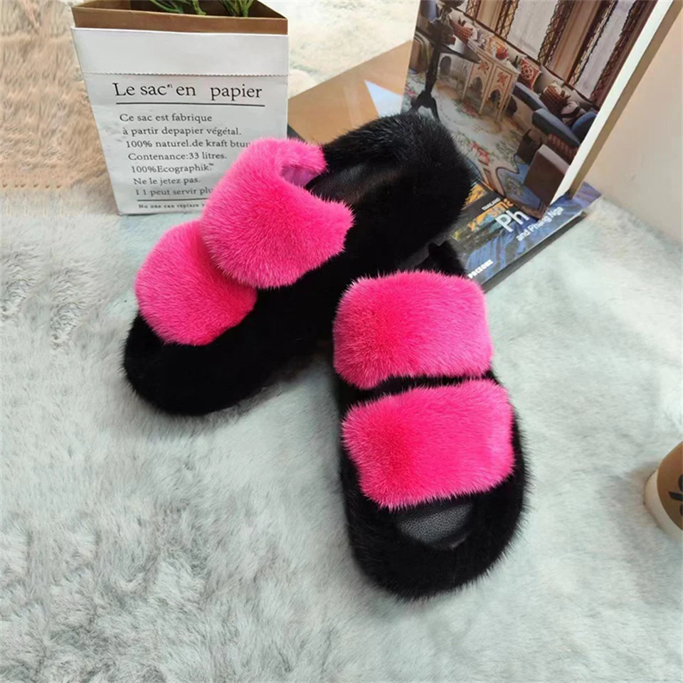 Fashion Mink Fur Slippers Designer Shoes Slippers For Women Outdoor 2024 New Autumn All-Match Korean Cute Fluffy Mink Slippers