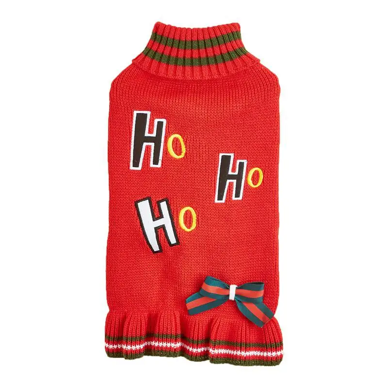 M69 Christmas pet sweater dress cat dog clothes autumn and winter HoHo high neck bow embroidery skirt