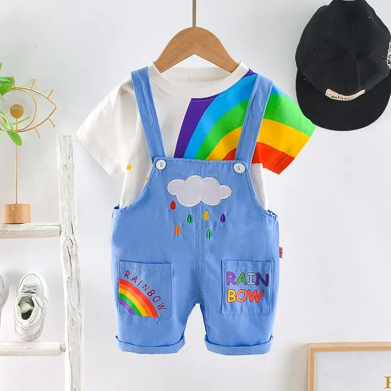 Summer Baby Boys Girls Clothes Infant Cotton Rainbow T Shirt Bib Pants 2pcs/Set Kids Garment Children Casual Sport Suit 0-4 Year