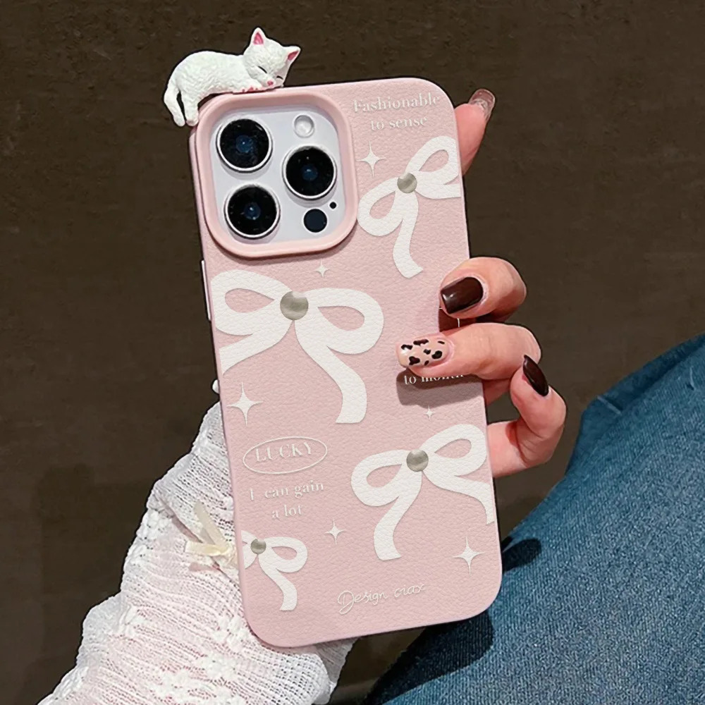 Band Bogen Knoten 3D Weiche Silikon Fall Für iPhone 17 Pro Max 11 16 15 Plus 12 13 14 Air Weiche stoßfest Liegende Katze Abdeckung Funda