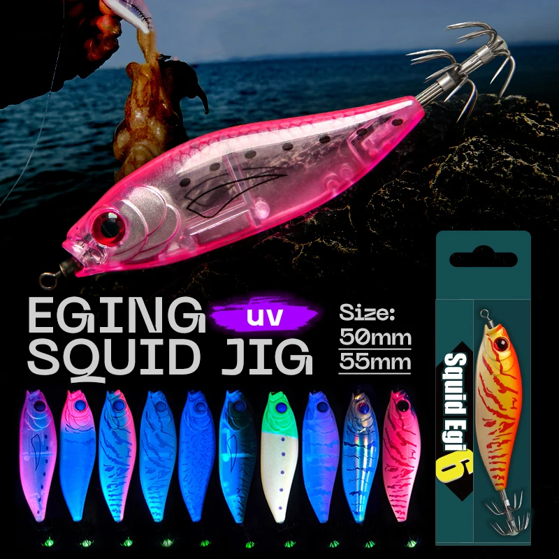 1 Stücke 50mm/55mm Holz Garnelen Köder UV Tintenfisch Jig Haken 4g 5,5g Künstliche Tintenfisch Köder Für Octopus Egi Tintenfisch Jig Meer Angeln Köder