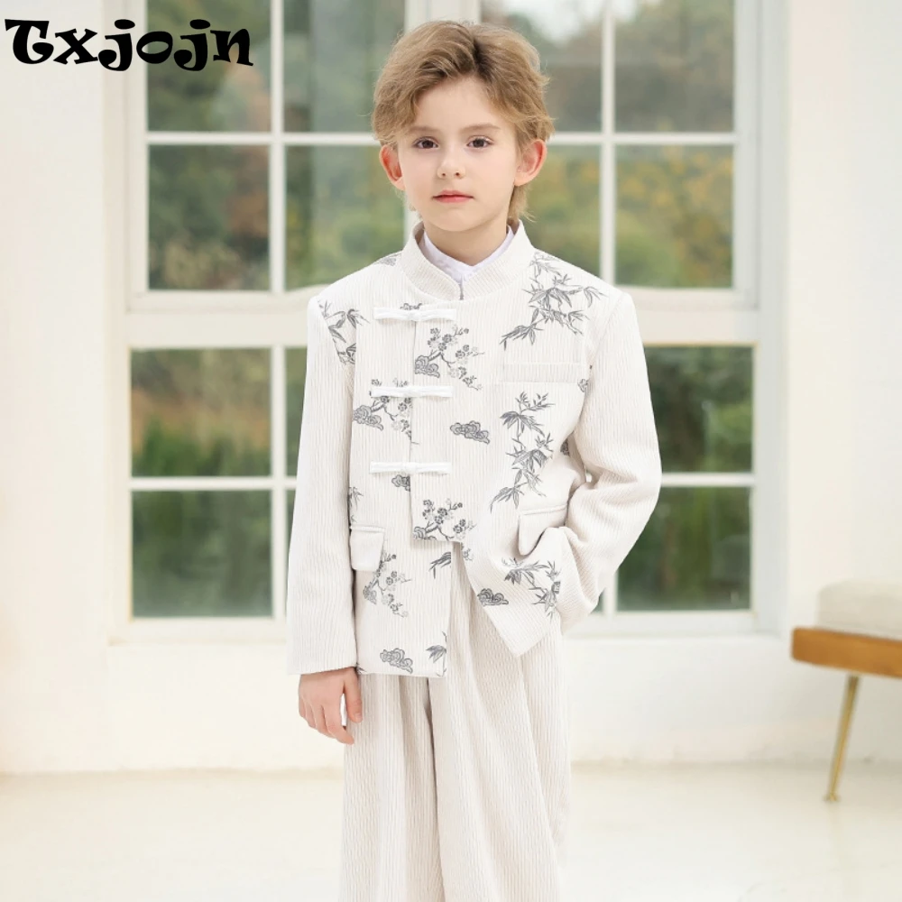 Chinese Style Boys Printed Suit Set 3 Pieces School Performance Wear Handsome Elegant Kids Tuxedo Birthday Party Sets 90-170cm