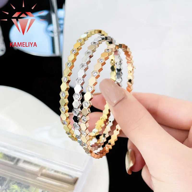 

KAMELIYA Honeycomb Bangle Copper Alloy Zircon Hexagon Bracelet for Women Birthday Party Rose Gold Plated Fashion Jewelry Gifts