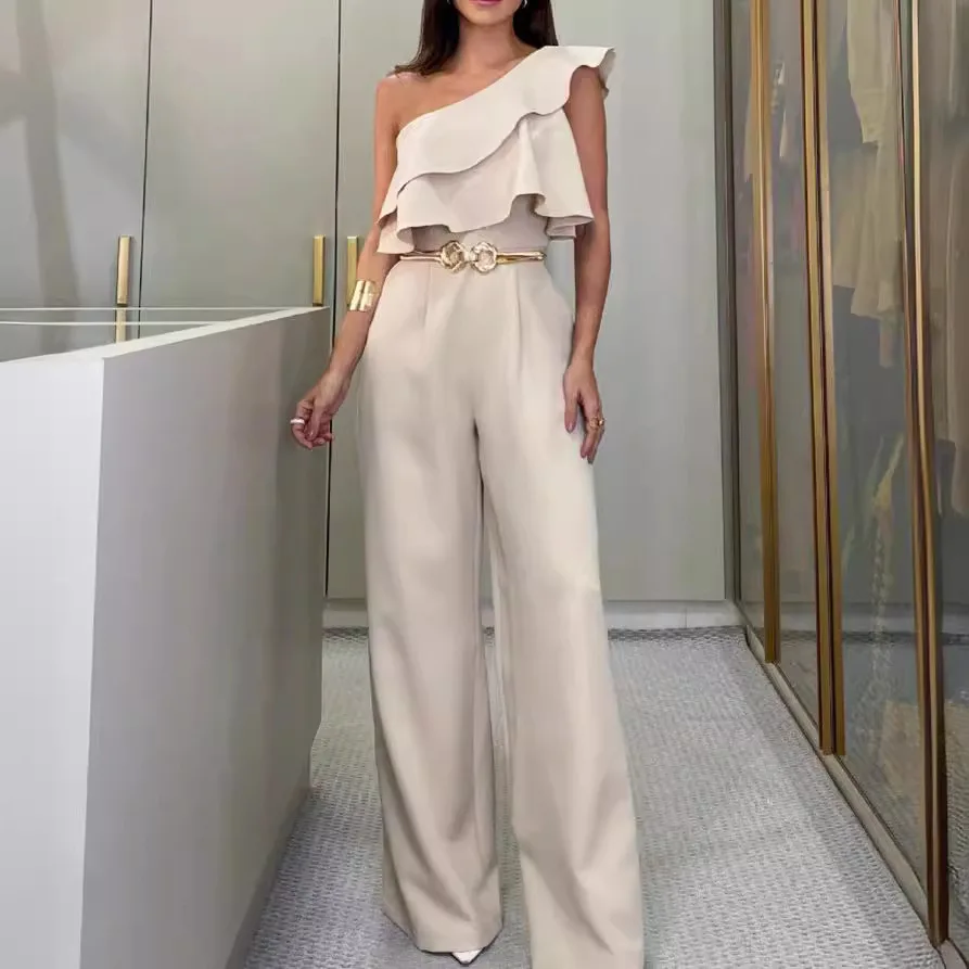 

Women's Slim Fit One oulder Jumpsuits with Ruffles Commute Sle High Waist Long Pants Summer 2024 Thin Polyester Fabric