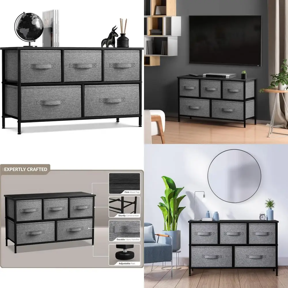 

5-Drawer Storage Chest Organizer Unit with Steel Frame, Wood Top, Fabric Bins - Wide TV Stand Storage Solution