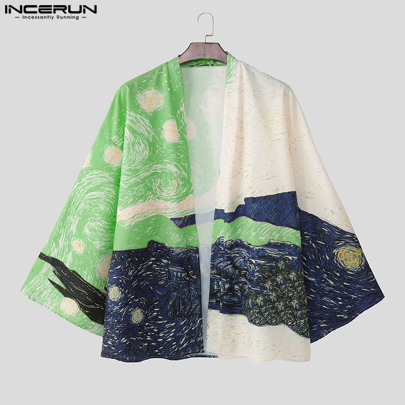 

INCERUN Мужская рубашка с принтом и открытой строчкой, с длинным рукавом, свободный повседневный мужской кардиган, уличная одежда в корейском стиле, модная мужская одежда, S-5XL
