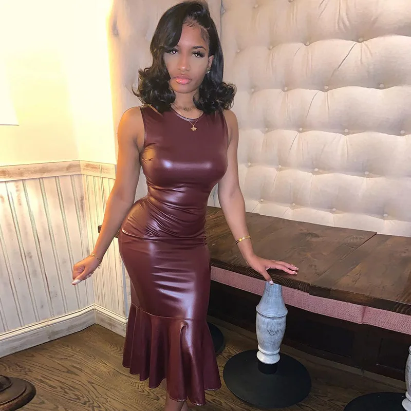 

Women's 2024 Spring/Summer New PU Leather Round Neck Sleeveless Waist Bag Hip Fold Fish Tail Dress