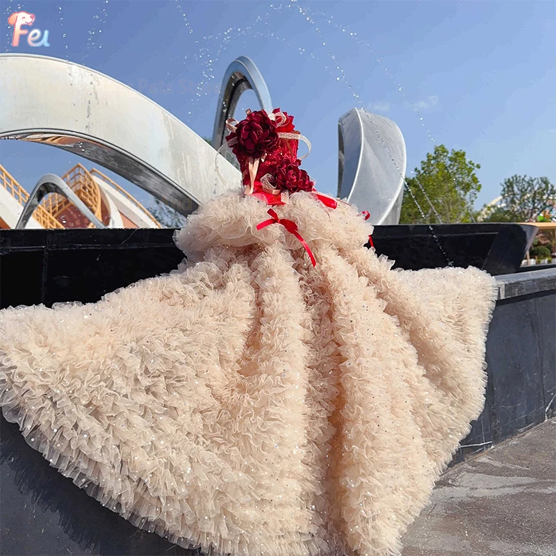 فستان الأميرة الفاخر من الدانتيل الأبيض النقي بذيل طويل للكلاب الصغيرة والمتوسطة، تنورة تصوير عصرية للحيوانات الأليفة مصنوعة يدويًا للكلاب