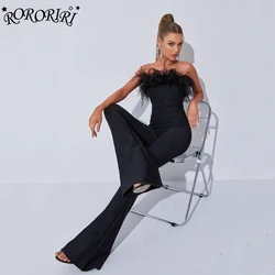 RORORIRI Black Fur Trim Corset Jumpsuit Women Feather Spliced Sexy Strapless Overalls Flare Wide Leg Bib Pants Vintage Clothing