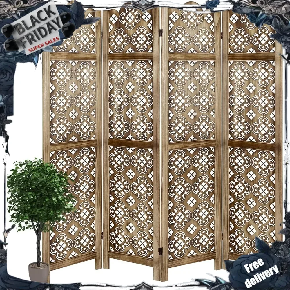 4 Panel Cutout Room Divider Fully Assembled 5.6Ft Wooden Room Divider and Folding Screens, Carved Room Divider Screen