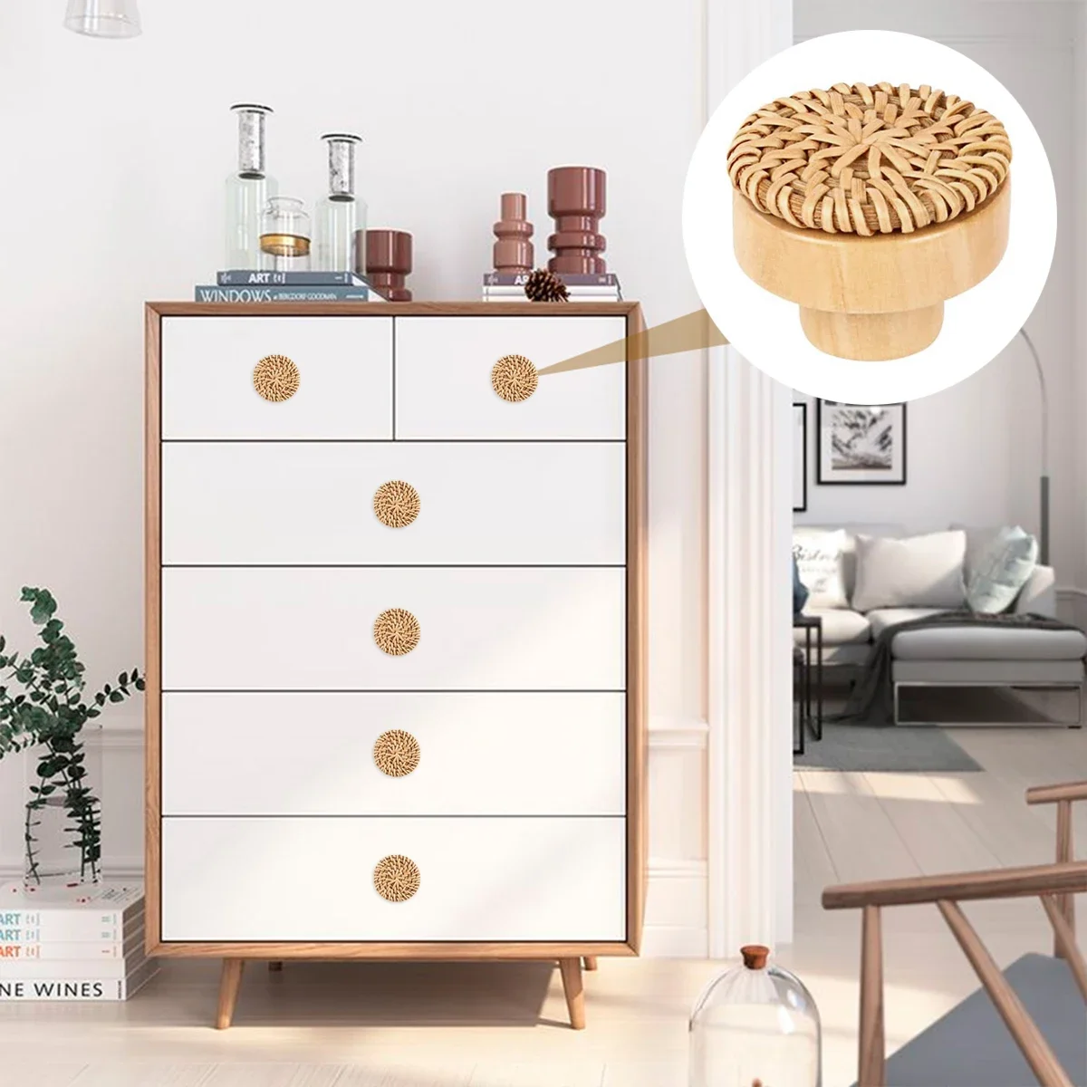 6/12Pcs Rattan Handles Furniture Cabinet Knobs Vintage Dresser Pulls Handmade Woven Kitchen Handles Drawer Knobs Cupboard Handle