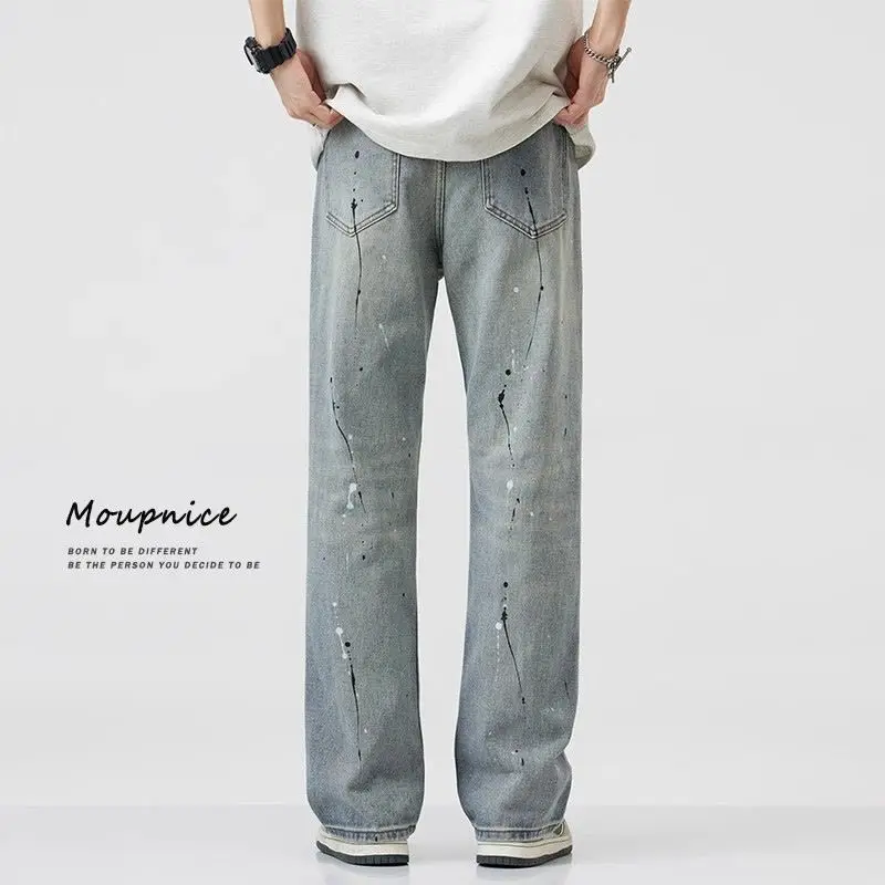 

Американские мужские джинсы с чернилами в стиле ретро, новый стиль, свободные прямые модные брендовые брюки для мужчин