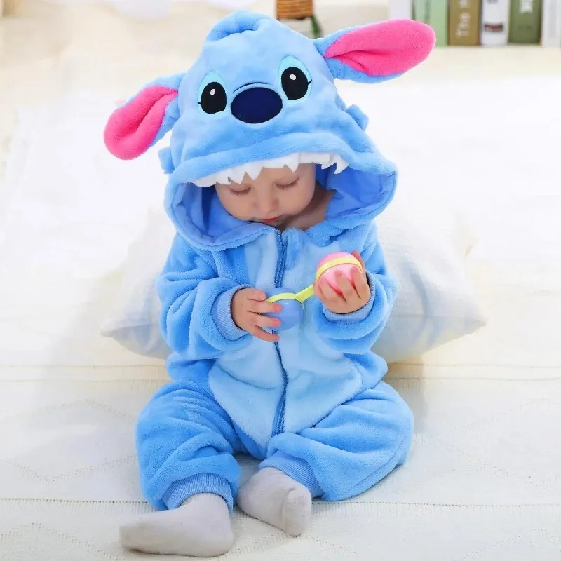 Kawaii Stitch Infants and young children jumpsuits  anime children Flannel thickening Home Furnishings Animal crawling clothing