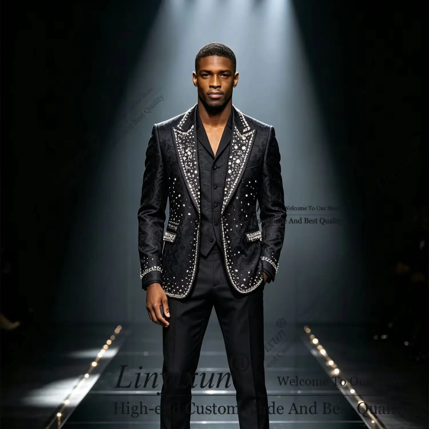 Italy Jacquard Diamond Crystals Men Suit 3 Pieces Wedding Party ropa hombre Customized Slim Shawl Lapel Groom Male Party Blazers