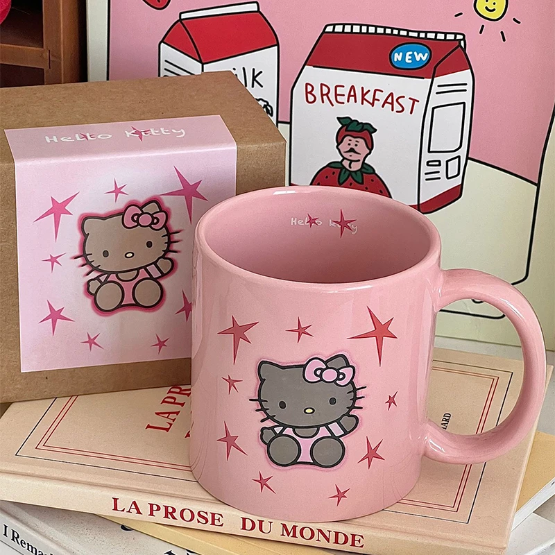 Taza de cerámica bonita de Hello Kitty de Anime Kawaii Sanrio, taza de café, agua, leche, corazón femenino, regalos Ins de moda para niñas