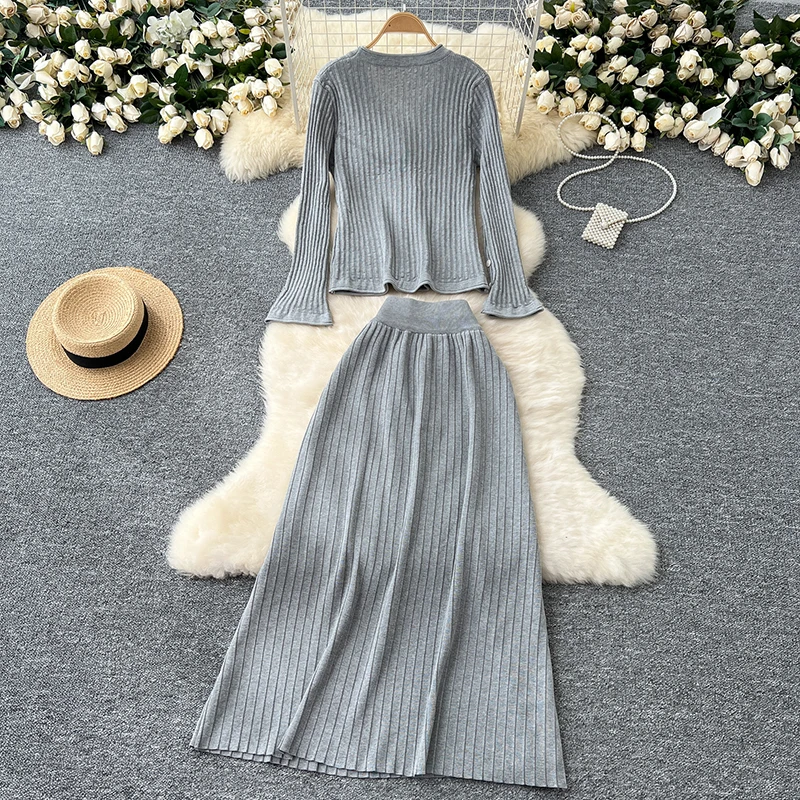 Sweater Sets For Women 2 Piece Long Sleeve V-Neck Slim Fit Knit Cardigan Sweater+High Waist Skirt Knitted Outfits Two Piece Set