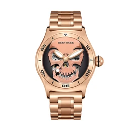 Reef Tiger/RT Top Brand Luxury Sport Watch For Men Skull Skeleton Automatic Watch Rose Gold Steel Bracelet Watch RGA70S7