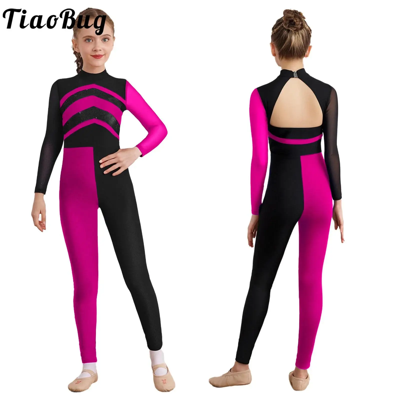 أطفال بنات الجمباز الفني الشكل التزلج زي الباليه جيرسي بذلة الترتر الرقص كامل الجسم ثياب الأداء فساتين