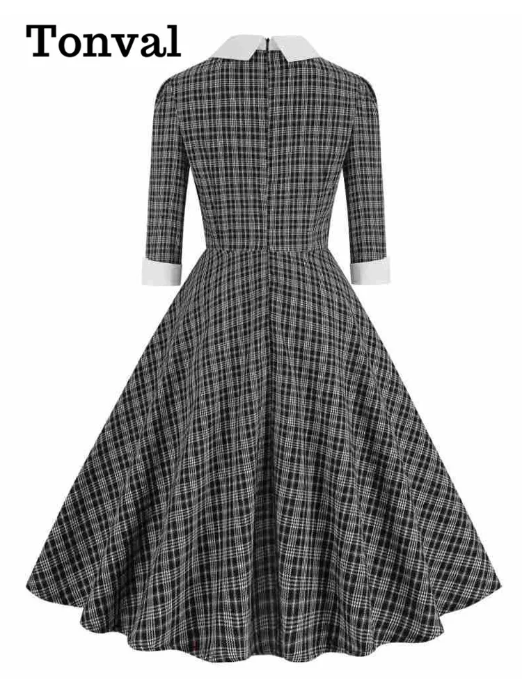 Tonval Brown Plaid Rockabilly Vintage Midi Dresses Turn-Down Collar Bow 3/4 Length Sleeve Autumn Winter Women Elegant Dress