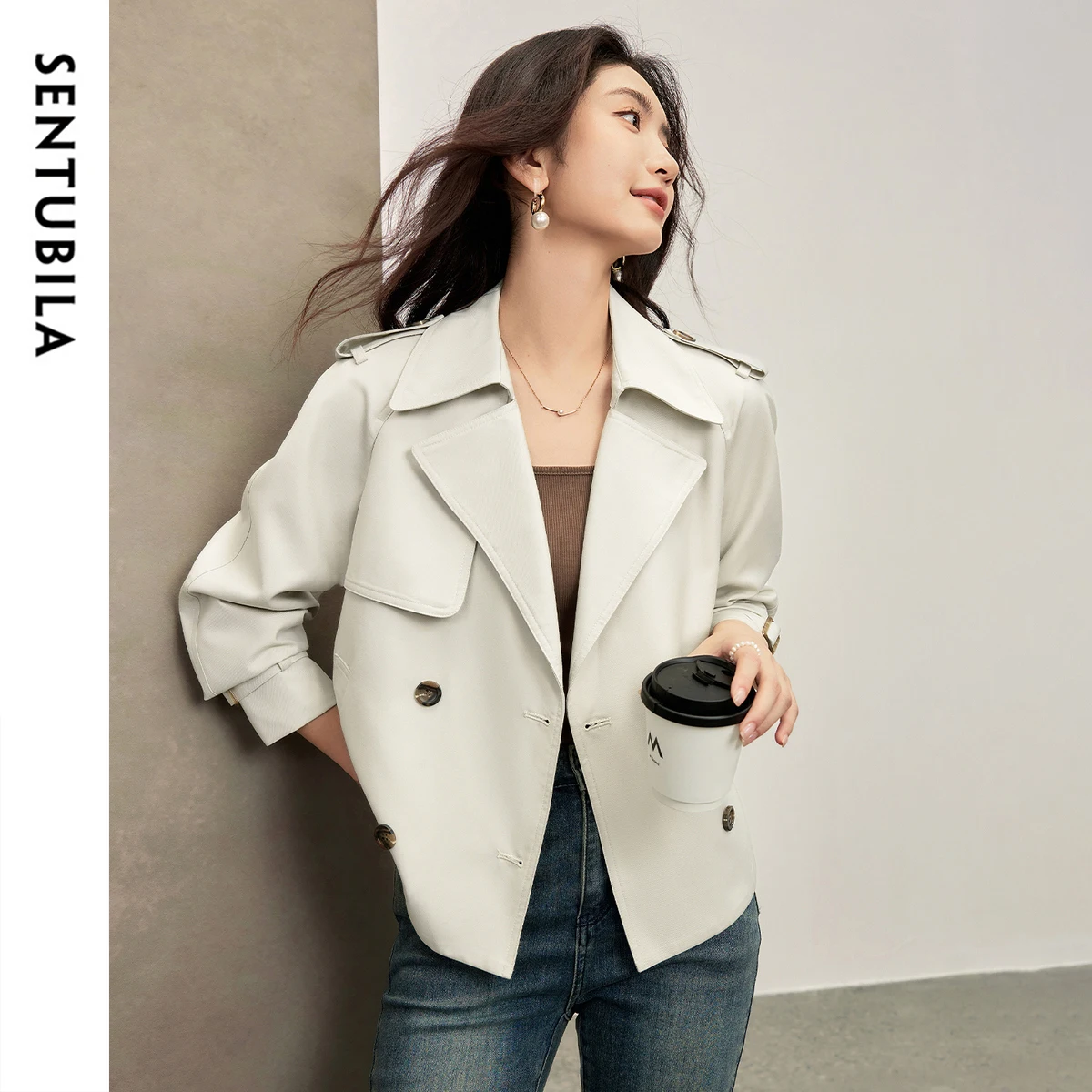 SENTUBILA Women Cropped Trench Coat Spring Fall Double-Breasted Outerwear Adjustable Sleeve Tab 2026 Short Jacket W53FB2569