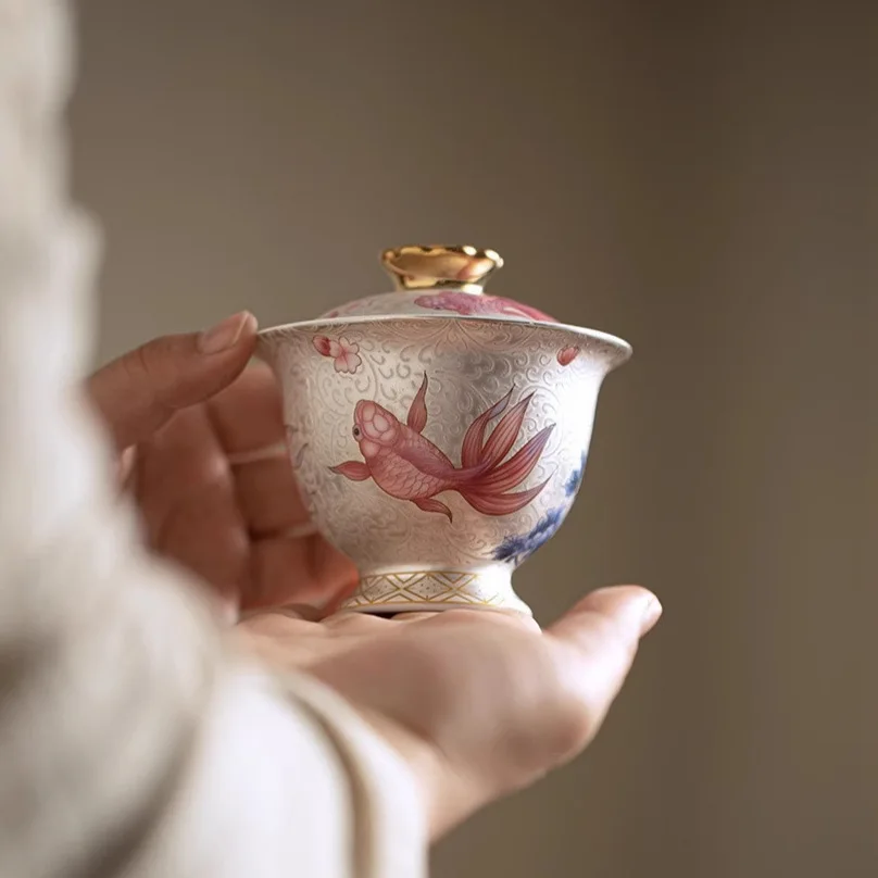 Handmade Filigree Silver Koi Two Cover Teacup Porcelain Set Enamel Brewing Bowl