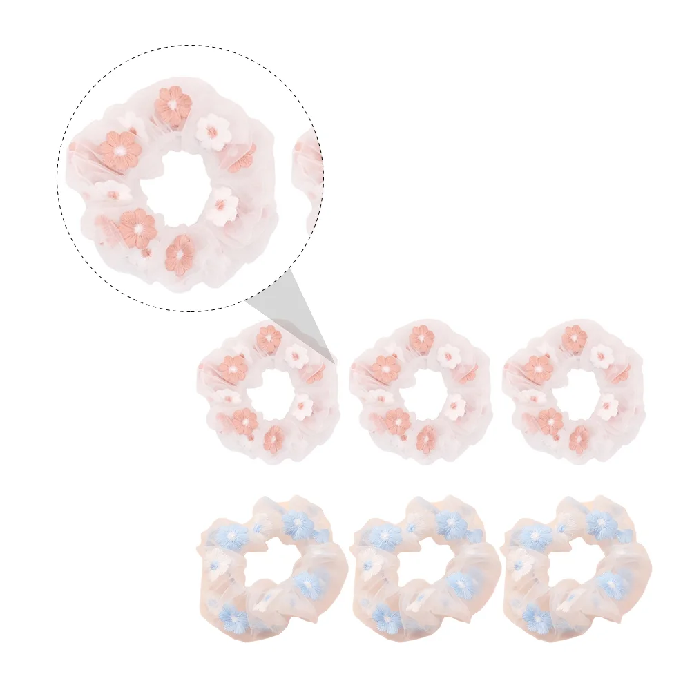 6 Pcs Embroidered Flower Hair Tie Gauze Rings Rope Fashion Headgear Durable Ropes Girl Organza